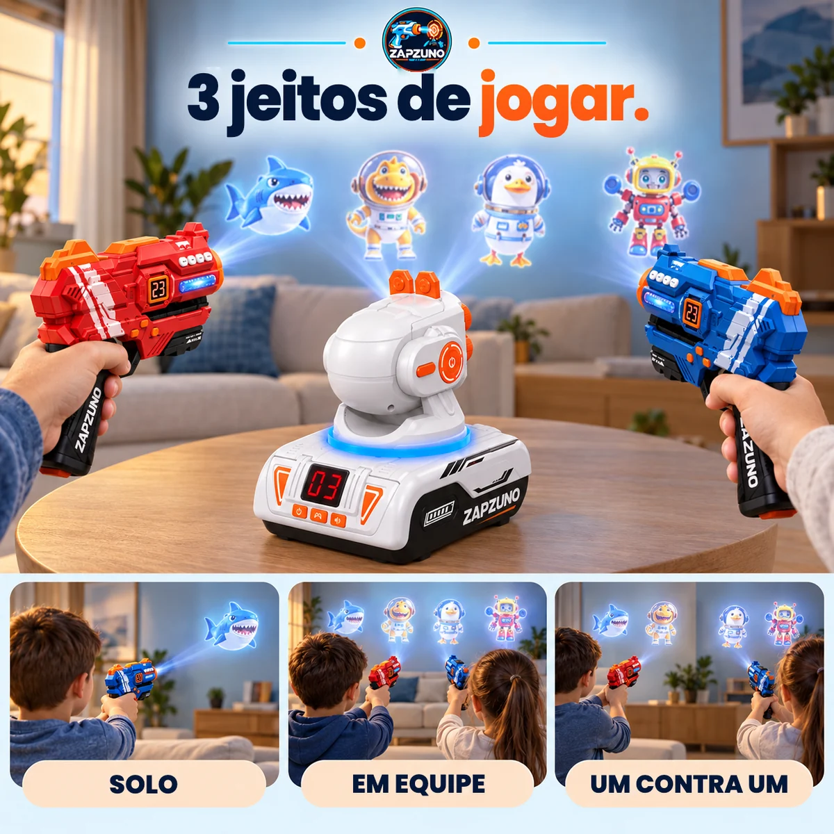 Crianças jogando sozinhas, em equipe e um contra um